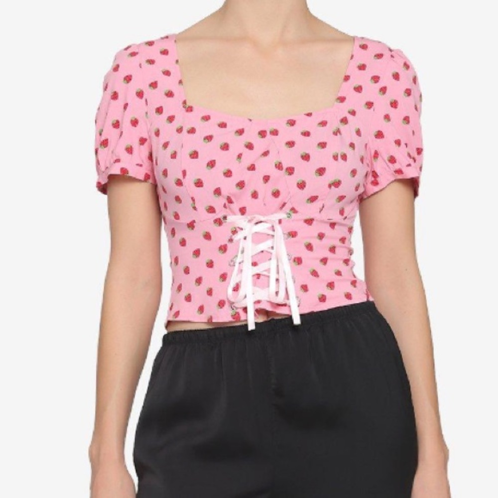 Strawberry Lace-Up Crop Woven Top Hot Topic